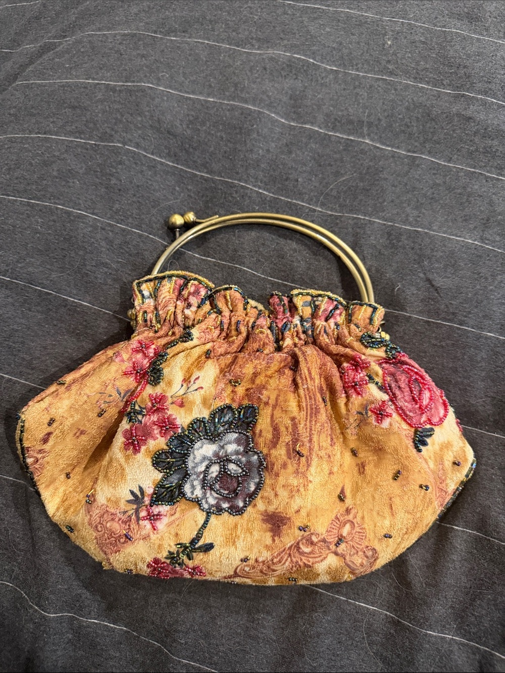 Vintage Gold Tone Floral Embroidered Wristlet